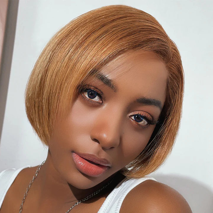 Asymmetric Short Inverted Brown with Blonde Highlights 13x4 Lace Front Bob Wig Human Hair