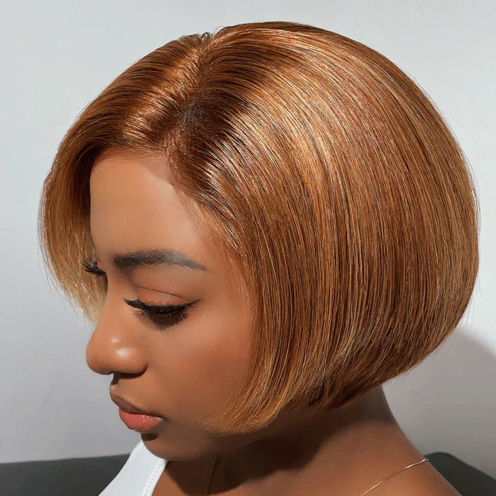 Asymmetric Short Inverted Brown with Blonde Highlights 13x4 Lace Front Bob Wig Human Hair