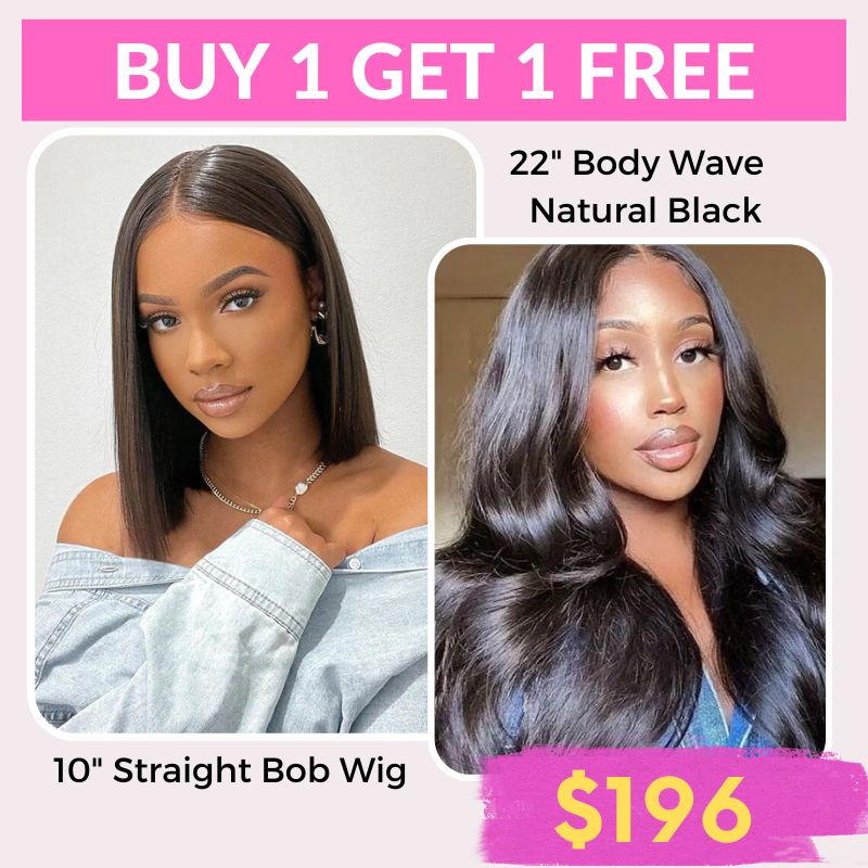 [Buy 1 Get 1 Free] Rose Hair $196=22&quot; Natural Black Body Wave+10&quot; Straight Bob Wig 2 Wigs No Code Needed