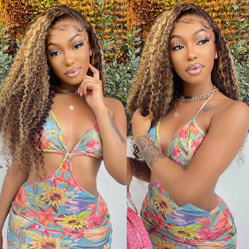 Celebrity Style 200% Density Highlight Ombre Curly 13x4 Lace Frontal Wig