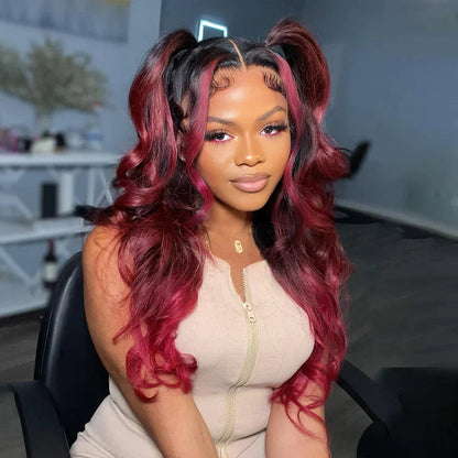 Dark Burgundy With Rose Red Highlights Body Wave 13x4 HD Lace Wigs Free Part Rose Hair