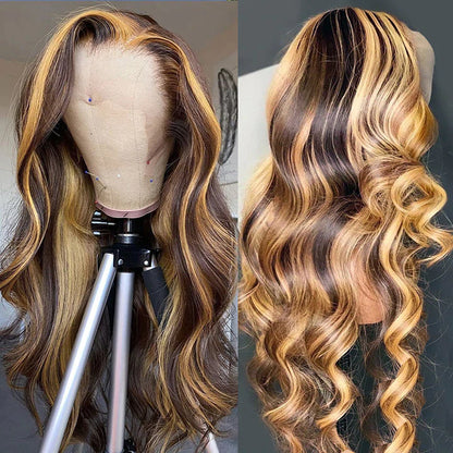 Balayage Highlight Color 13*4 HD Lace Wigs Free Part Body Wave 180% Density For Women