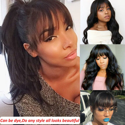 RoseHair 15A Brazilian Body Wave Human Hair Wig With Free Part Bangs Machine Made Glueless Breathable Wig Supper Soft Affordable - Rose Hair