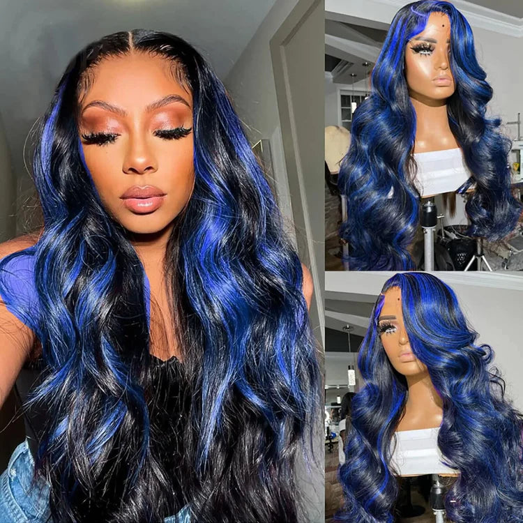 Bold Blue &amp; Black Highlights Color 13x4 HD Lace Wigs Body Wave Human Hair Free Part