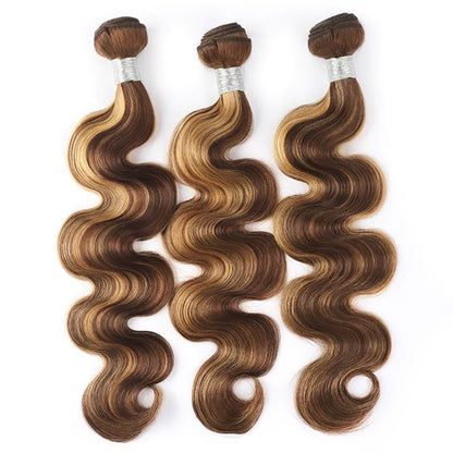 Highlight Honey Blonde Hair with Closure Brazilian Body Wave Human Hair 3 Bundles with 4x4 Lace Closure P4/27