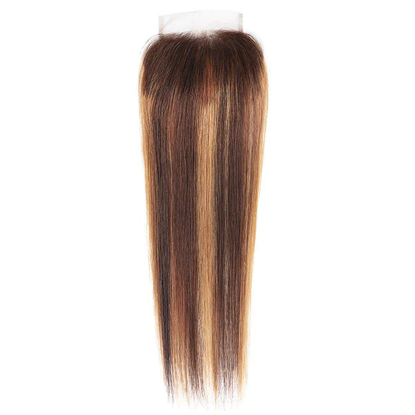 Honey Blonde Highlight Straight Human Hair Weave 3 Bundles with 4x4 Lace Closure P4/27