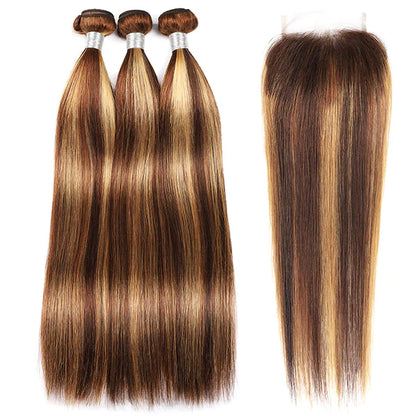 Honey Blonde Highlight Straight Human Hair Weave 3 Bundles with 4x4 Lace Closure P4/27