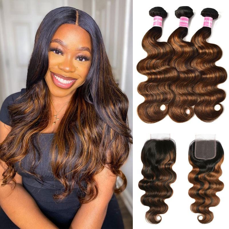 Balayage Highlights Ombre Color 3 Bundles with 4x4 Lace Closure Pre Plucked Free Part Hair Bundles Body Wave