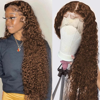 Jerry Curly Chocolate Brown Colored Middle Part 4x4 Lace Closure 150% Density Human Hair Wigs For Women