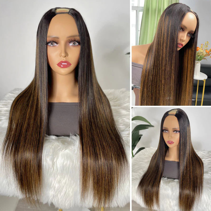 Dark Root Balayage Color U Part Wig Glueless Natural Scalp Beginner Friendly V Part Wigs