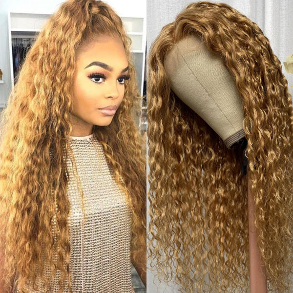 Honey Blonde Water Wave 13x4 Lace Front Wig 100% Human Hair Wigs Light Brown Color