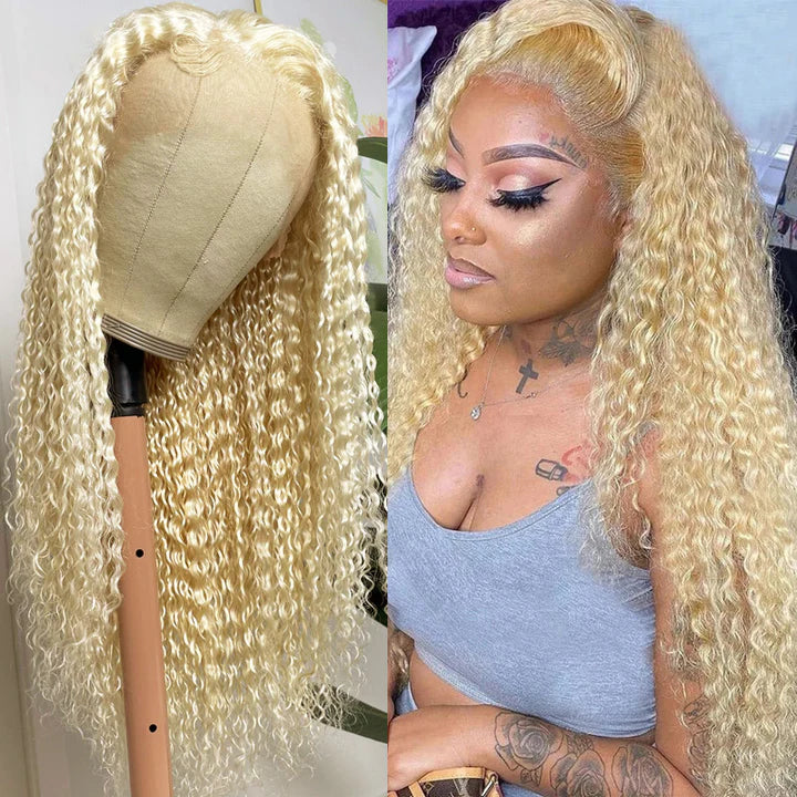 Honey Blonde Color 613 Jerry Curl 13x4 Lace Frontal Wig Pre Plucked for Women 150% Density