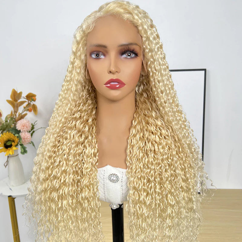 Honey Blonde Color 613 Jerry Curl 13x4 Lace Frontal Wig Pre Plucked for Women 150% Density