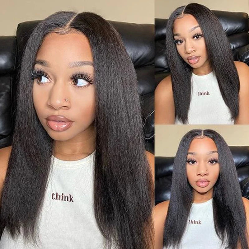 Kinky Straight 13x4 Lace Front Wigs Human Hair Natural Black 180% Density