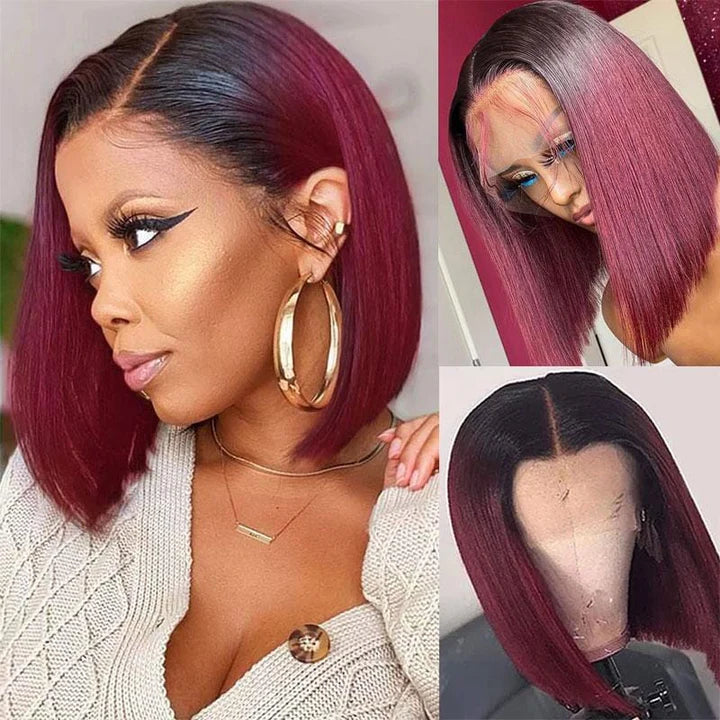 Short Straight Bob 4x4 Lace Closure Wigs Dark Roots with Ombre Red Color Human Hair Wigs