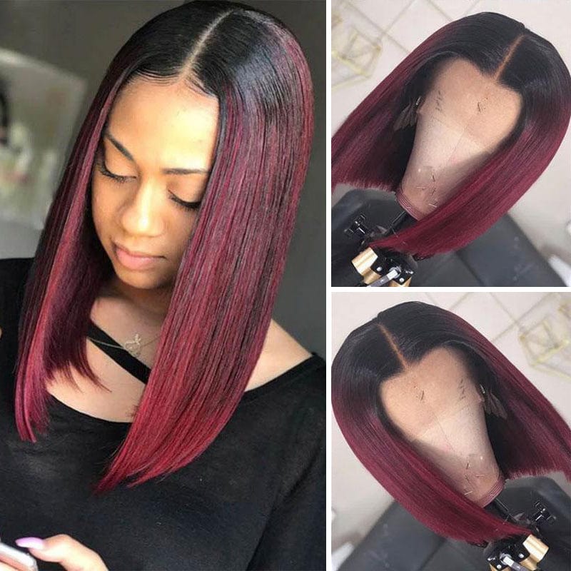 Short Straight Bob 4x4 Lace Closure Wigs Dark Roots with Ombre Red Color Human Hair Wigs