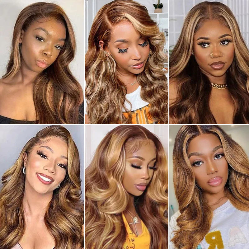 13x4 HD Lace Front Body Wave Wig Honey Blonde Piano Highlights Human Hair Wigs Free Part