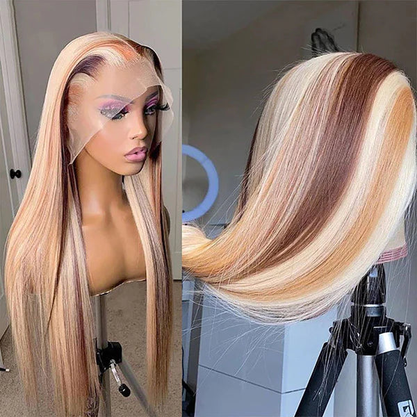 P4/27/613 Ombre Colored Highlight Human Hair Wig 13x4 HD Straight Lace Front Wigs