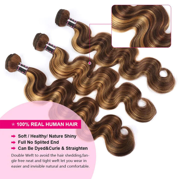 Honey Blonde Highlight Body Wave Hair 3 Bundles with 13x4 Lace Frontal P4/27