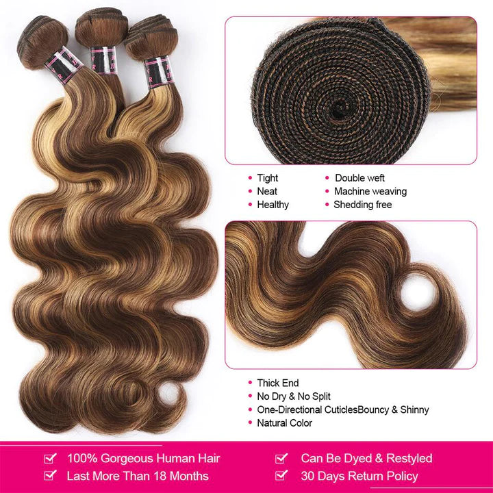 Honey Blonde Highlight Body Wave Hair 3 Bundles with 13x4 Lace Frontal P4/27