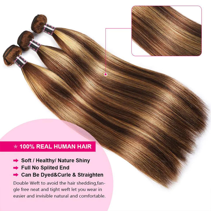 Honey Blonde Highlight Straight Human Hair Weave 3 Bundles with 13x4 Lace Frontal P4/27