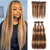 Honey Blonde Highlight Straight Human Hair Weave 3 Bundles with 13x4 Lace Frontal P4/27