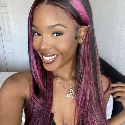 Rose Hair Red Purple Highlights Color Straight Hair 13x4 Lace Front Wig For Black Women