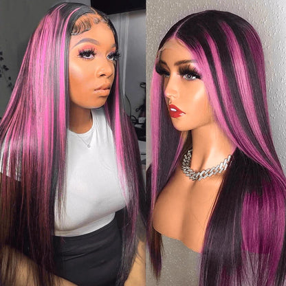 Rose Hair Red Purple Highlights Color Straight Hair 13x4 Lace Front Wig For Black Women