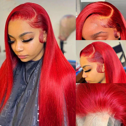 Rose Hair Red Color 13x4 HD Lace Front Human Hair Wigs Brazilian Straight Pre Plucked