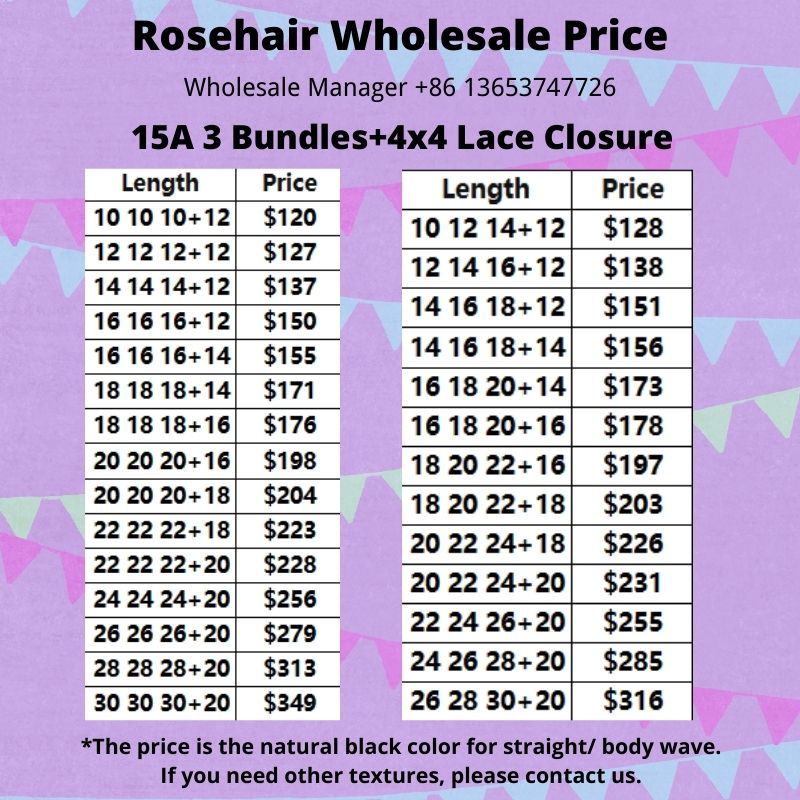 Rose Hair 15A Grade 3pcs Hair Bundles with 4x4 Lace Closure Wholesale Package Deal Free Shipping