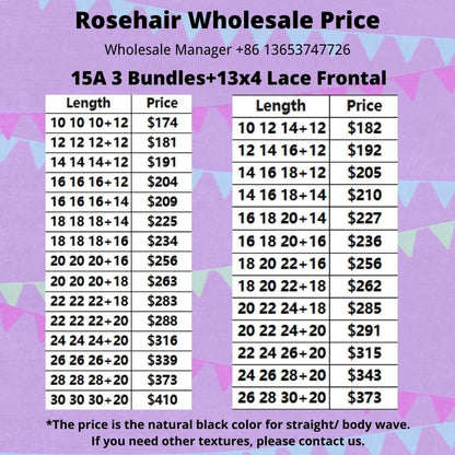 Rose Hair 15A Grade 3pcs Hair Bundles with 13x4 Lace Frontal Wholesale Package Deal