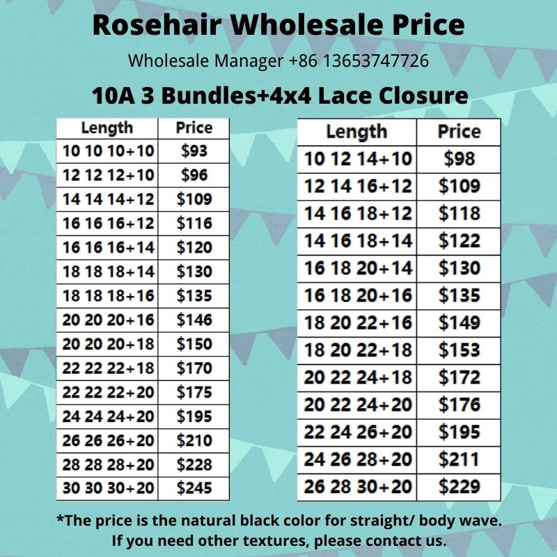 Rose Hair 10A Grade 3pcs Hair Bundles with 4x4 Lace Closure Wholesale Package Deal Free Shipping