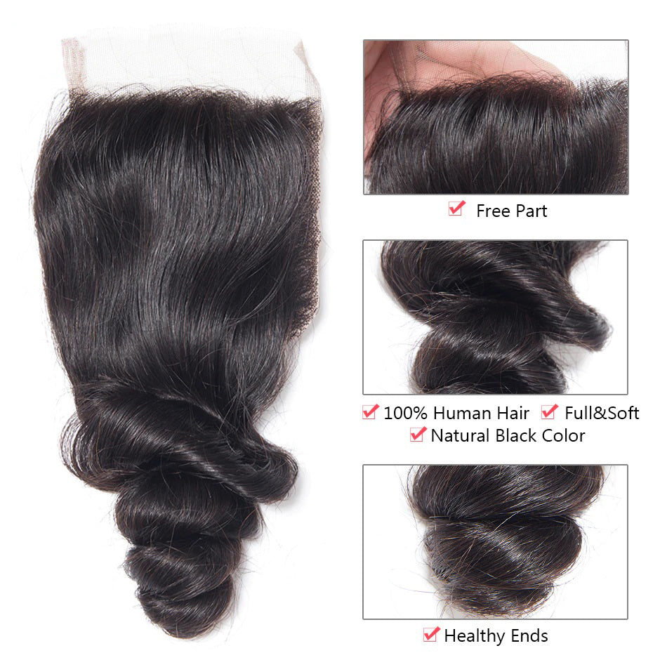 10A Grade 3 Bundles Brazilian Loose Wave Virgin Hair with 1 PCS 4*4 Lace Closure - Rose Hair