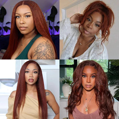 Kinky Straight Reddish Brown Lace Front Wig Human Hair Auburn Copper Color for Women