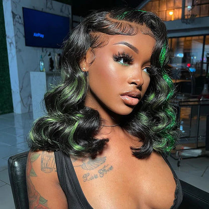 Rose Hair Green Highlights Color Body Wave Human Hair 13x4 HD Lace Front Wigs Free Part