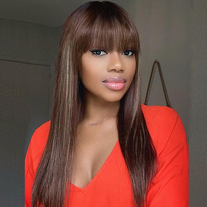 BALAYAGE COLOR HIGHLIGHTS GLUELESS WIG WITH BANGS 150%Density - Rose Hair
