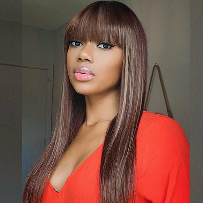 BALAYAGE COLOR HIGHLIGHTS GLUELESS WIG WITH BANGS 150%Density - Rose Hair