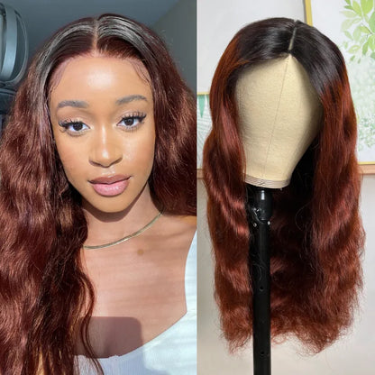 Reddish Brown Body Wave Human Hair V Part Wig With Dark Roots For Dark Skins