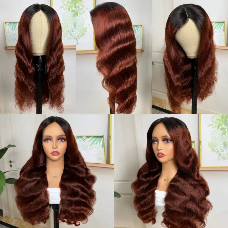 Reddish Brown Body Wave Human Hair V Part Wig With Dark Roots For Dark Skins