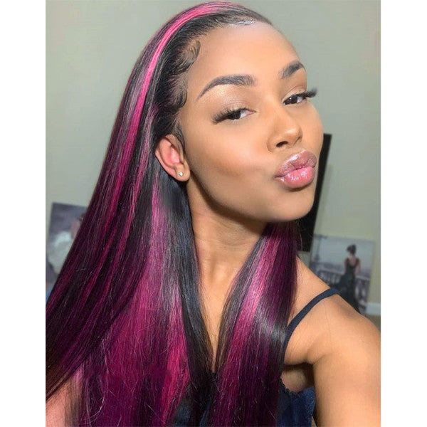 Rose Hair Pink Highlights On Black Hair Straight Hair Wig With Pink Peekaboo Highlights