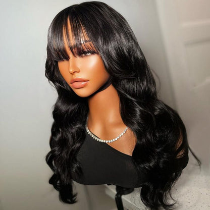 Rose Hair Body Wave 5×5 13×4 Glueless Lace Wig With Bangs Human Hair 150% Density