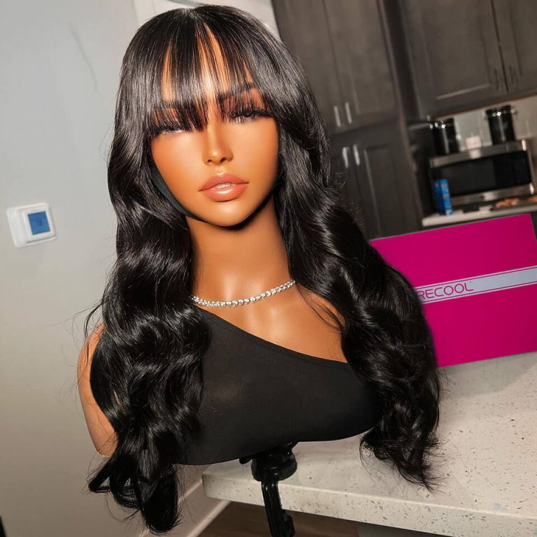 Rose Hair Body Wave 5×5 13×4 Glueless Lace Wig With Bangs Human Hair 150% Density
