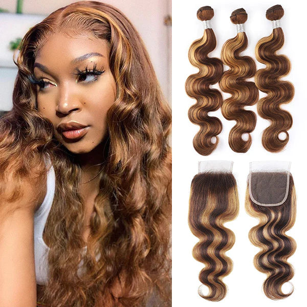 Highlight Honey Blonde Hair with Closure Brazilian Body Wave Human Hair 3 Bundles with 4x4 Lace Closure P4/27