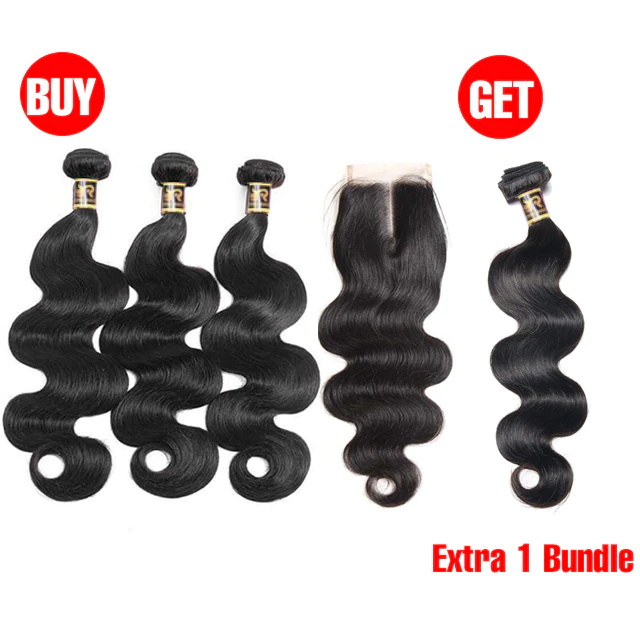 Buy 3 Bundles with 4x4 Transparent Lace Closure Get Extra 1 Free Bundle Human Hair Straight Body Wave Hair