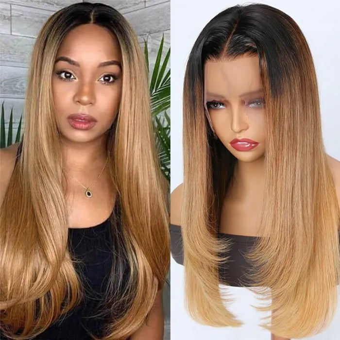 Ombre Honey Blonde Dark Roots Straight Human Hair Layered 13x4 Lace Front Wigs Rose Hair