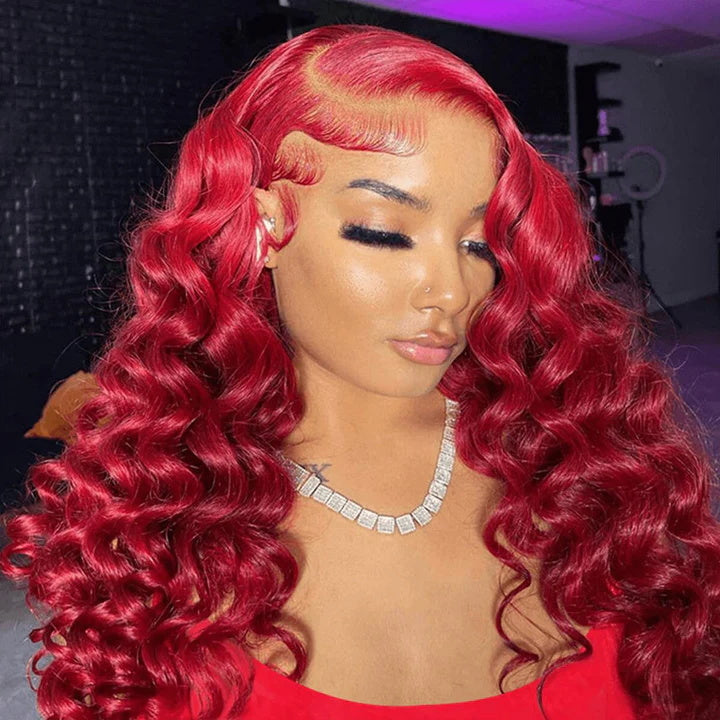 Gorgeous Red Color Loose Deep Wave Hair Undetectable 5x5 13x4 Lace Wigs 180% Density