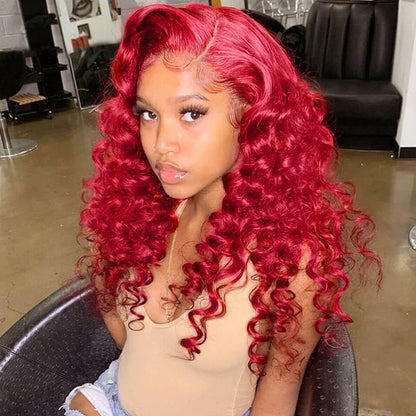 Gorgeous Red Color Loose Deep Wave Hair Undetectable 5x5 13x4 Lace Wigs 180% Density