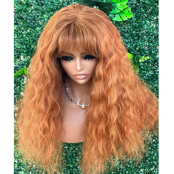 Rose Hair Orange Color Water Wave 5x5 Lace Closure Wig With Bangs Human Hair Wig For Women