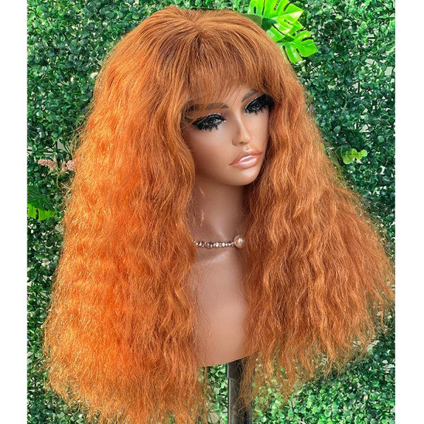 Rose Hair Orange Color Water Wave 5x5 Lace Closure Wig With Bangs Human Hair Wig For Women