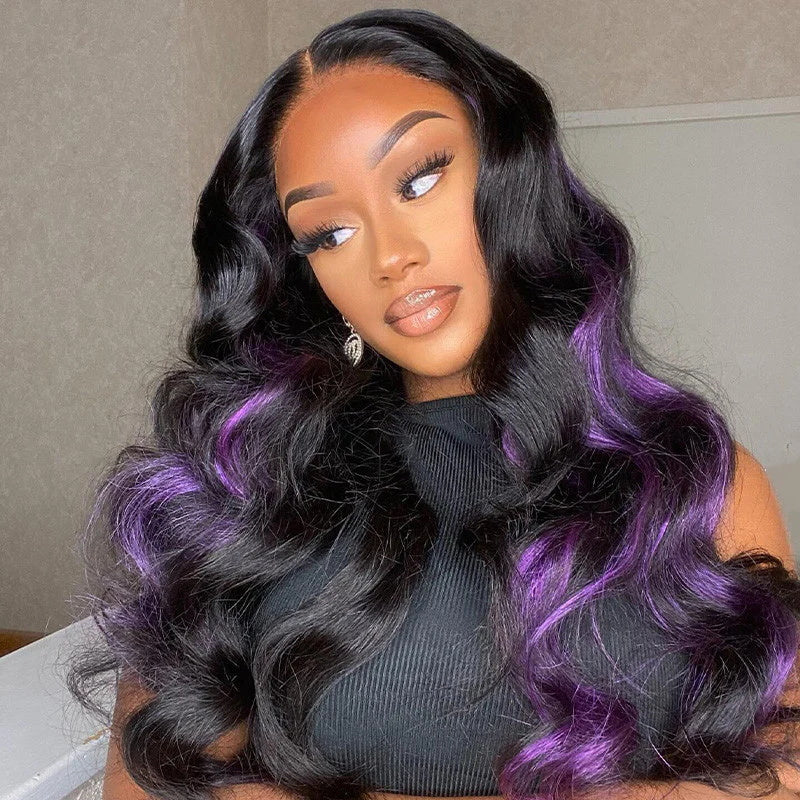 Long Peekaboo Purple Color Body Wave 13x4 Lace Front Wigs 100% Human Hair For Black Women